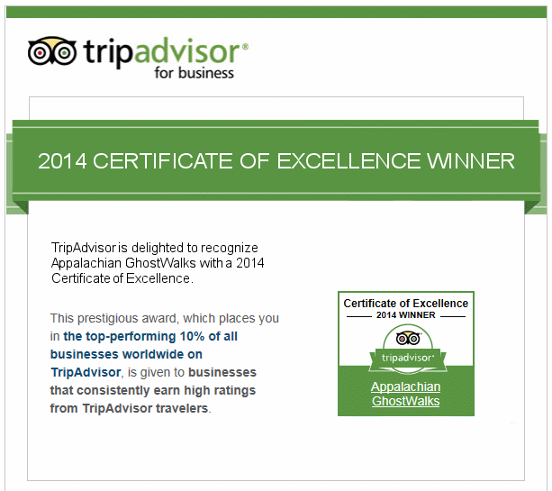 Appalachian GhostWalks 2014 TripAdvisor Certificate of Excellence